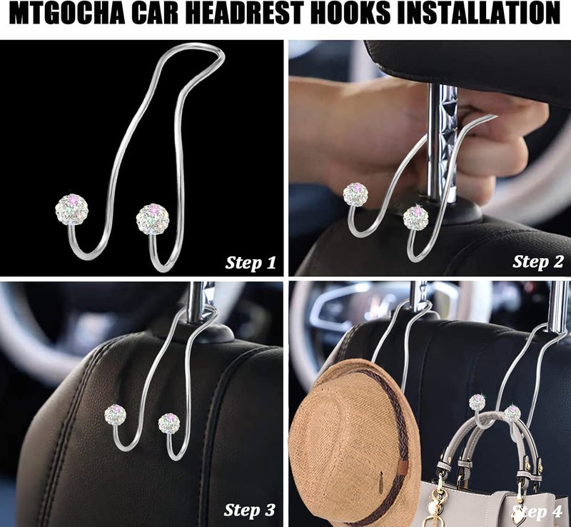 MTGOCHA Bling Purse Hook for Car Headrest, Upgraded Cute Car Seat Hooks for Bag Handbag, Durable Stainless Auto Purse Hanger Holder 2 Pack, White - Image 4